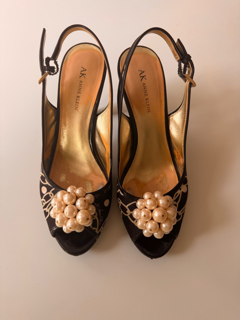Anne Klein Black Slingback Pumps with Pearl Cluster Size 10